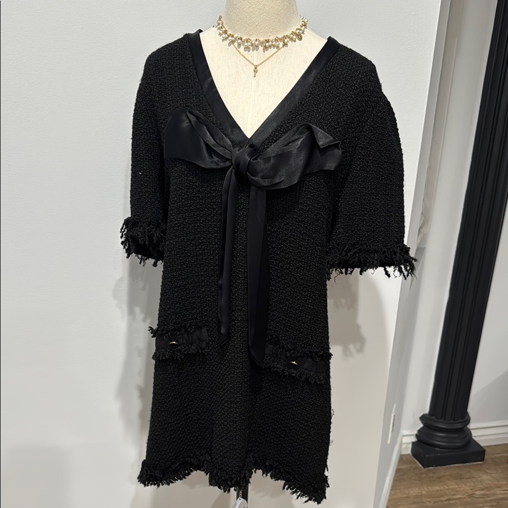 Elegant Black Tweed Dress with Satin Bow